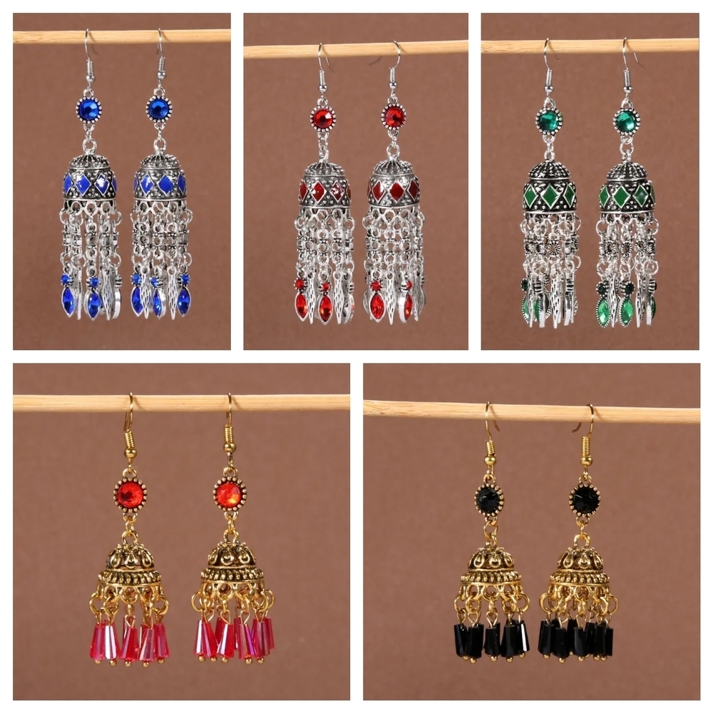 Chandelier Earrings Blue Rhinestones and Silver Jhumkas Diwali Bollywood - Picture 10 of 13